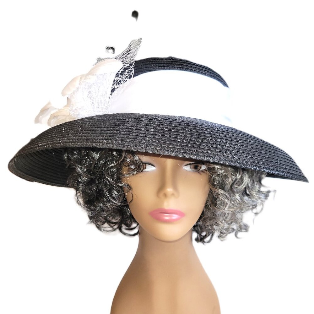 Giovannio New York Womens Black and White Wide Brim Feather Flower Net Dress Hat